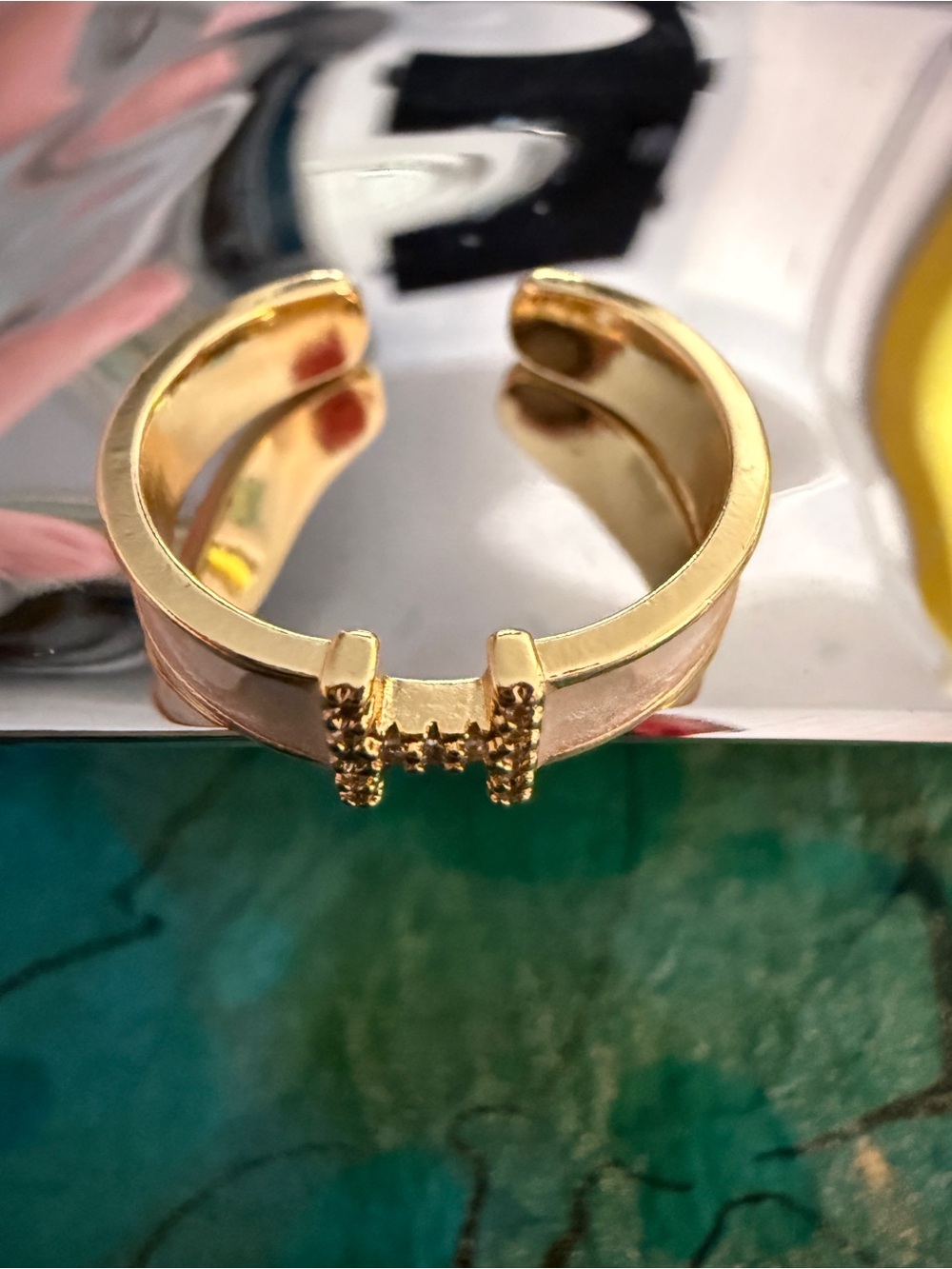 “H” Pave Set in Gold-tone and White Enamel Accent- Open Adjustable Ring - Picture 3 of 8